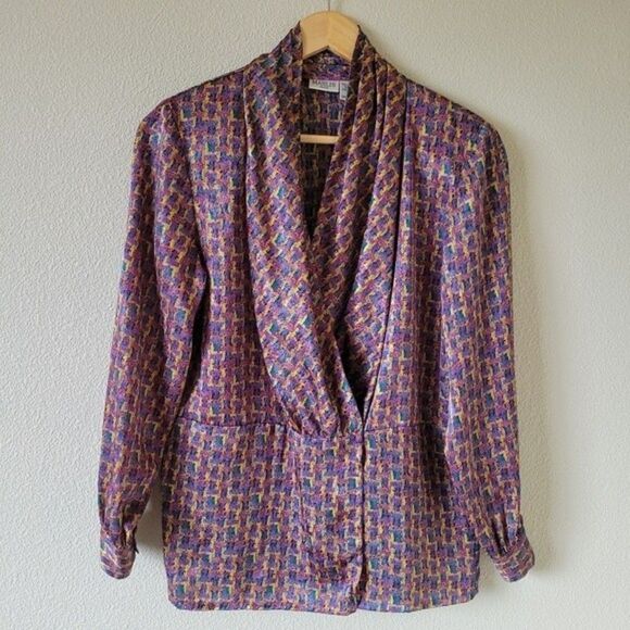 Vintage MARLIS Blouse Size 8 Geometric Pattern Dinner Jacket Blouson Silky Cowl - Picture 1 of 9